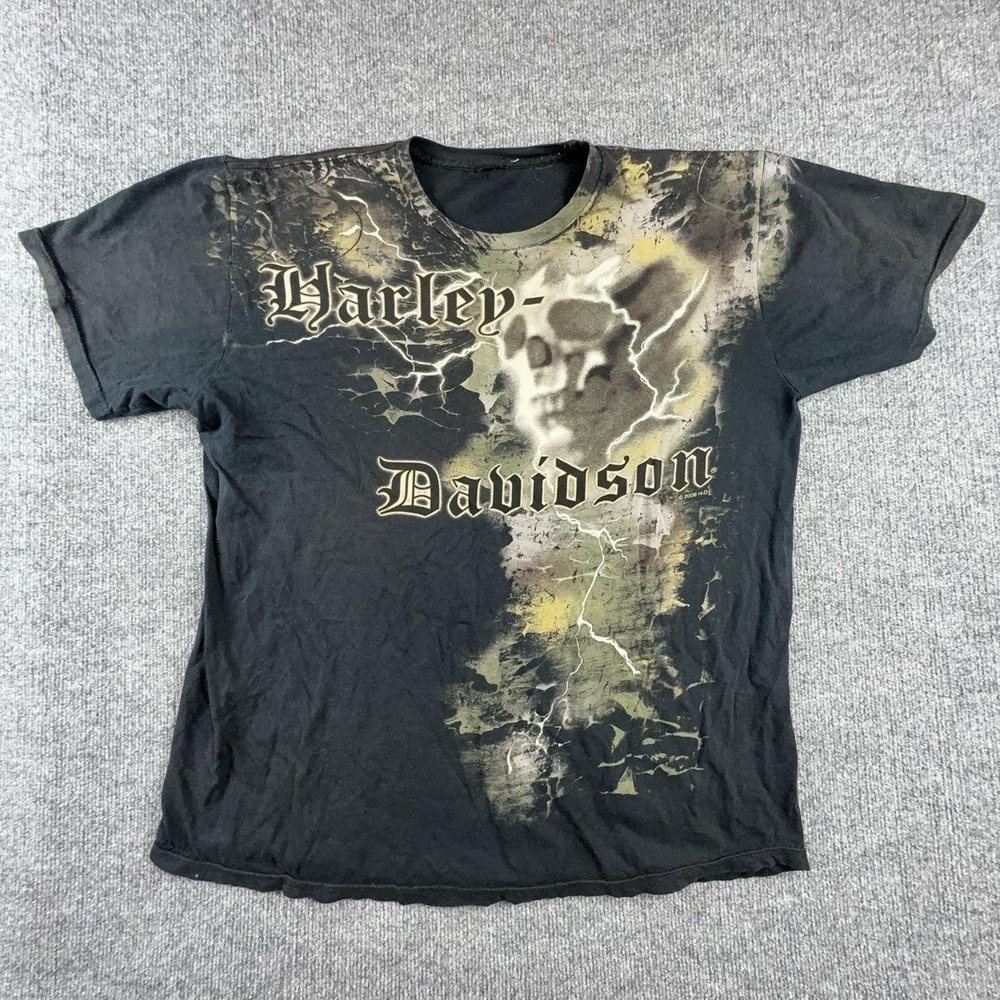 Y2K Harley-Davidson Shirt Mens XL Black Skull Route 66 Quaid Biker Graphic Tee